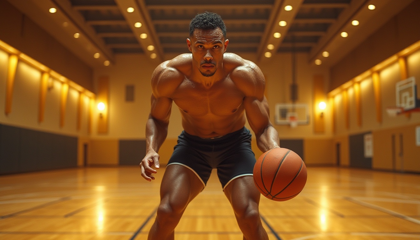 Prompt: Golden gymnasium interior, dynamic basketball court, shiny wooden floor, golden accents on walls, ceiling lights reflecting off metallic surfaces, athletic tracksuit-clad muscular man, intense facial expression, sweat droplets on forehead, holding a basketball, strong legs, determined pose, 3/4 composition, low-angle shot, dramatic shadows, warm ambient lighting, vibrant color contrast.