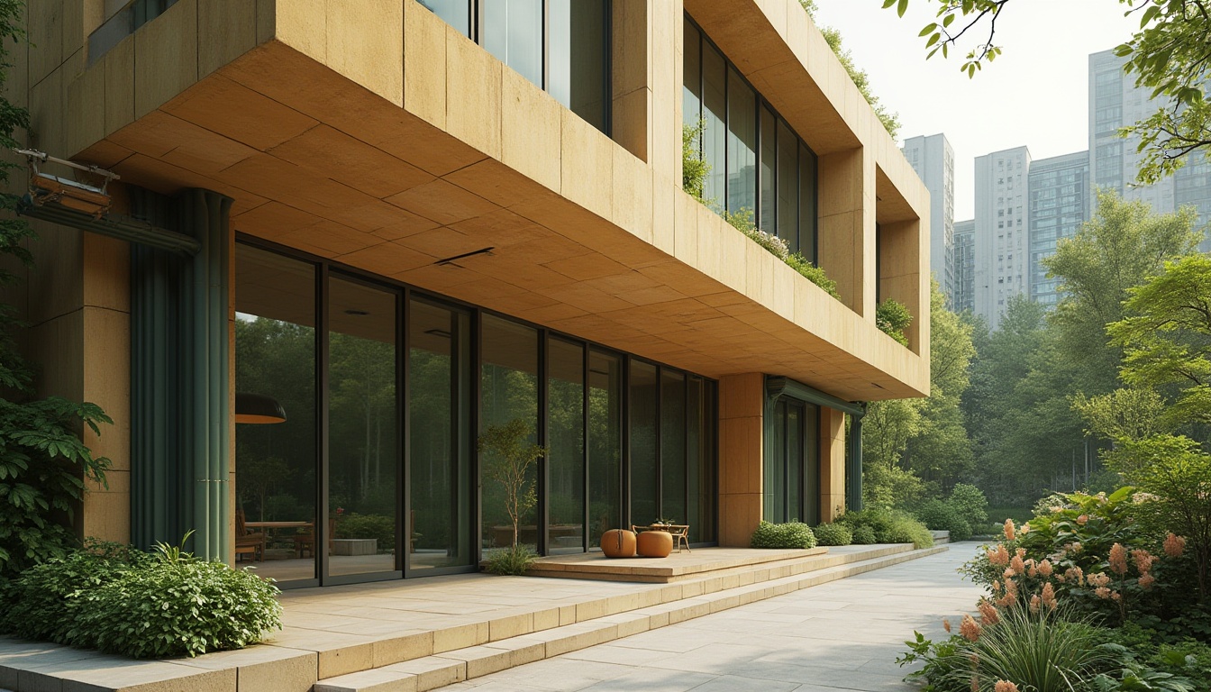 Prompt: Warm beige exterior walls, wheat color steel frames, dark green glass windows, sleek modern minimalist architecture, industrial pipes exposed, polished concrete floors, lush greenery surrounding, vibrant yellow accents, geometric shapes, urban cityscape background, soft overcast lighting, 3/4 composition, cinematic atmosphere, detailed textures.