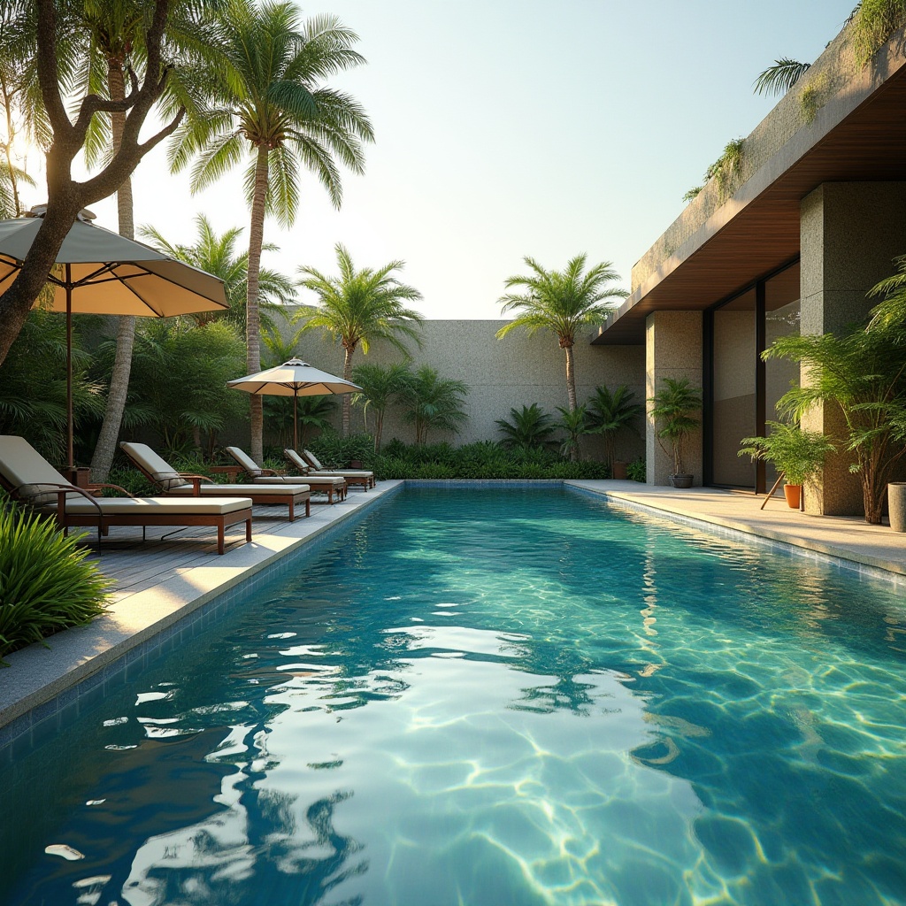 Prompt: Eco-friendly swimming pool, modern architecture, rectangular shape, green surroundings, tropical plants, palm trees, natural stone walls, recycled glass tiles, energy-efficient pumps, saltwater system, solar panels, wooden deck, lounge chairs, umbrellas, serene atmosphere, warm sunlight, soft focus, shallow depth of field, vibrant colors, morning light, 3/4 composition.