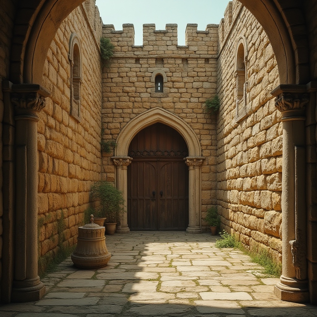 Prompt: Rustic stone masonry wall, ancient castle, medieval architecture, warm beige color tone, rough-hewn stones, intricate stonework patterns, moss-covered walls, weathered stone texture, grandiose entrance gates, ornate carvings, dramatic archways, mysterious ambiance, soft warm lighting, cinematic composition, 3/4 view angle.