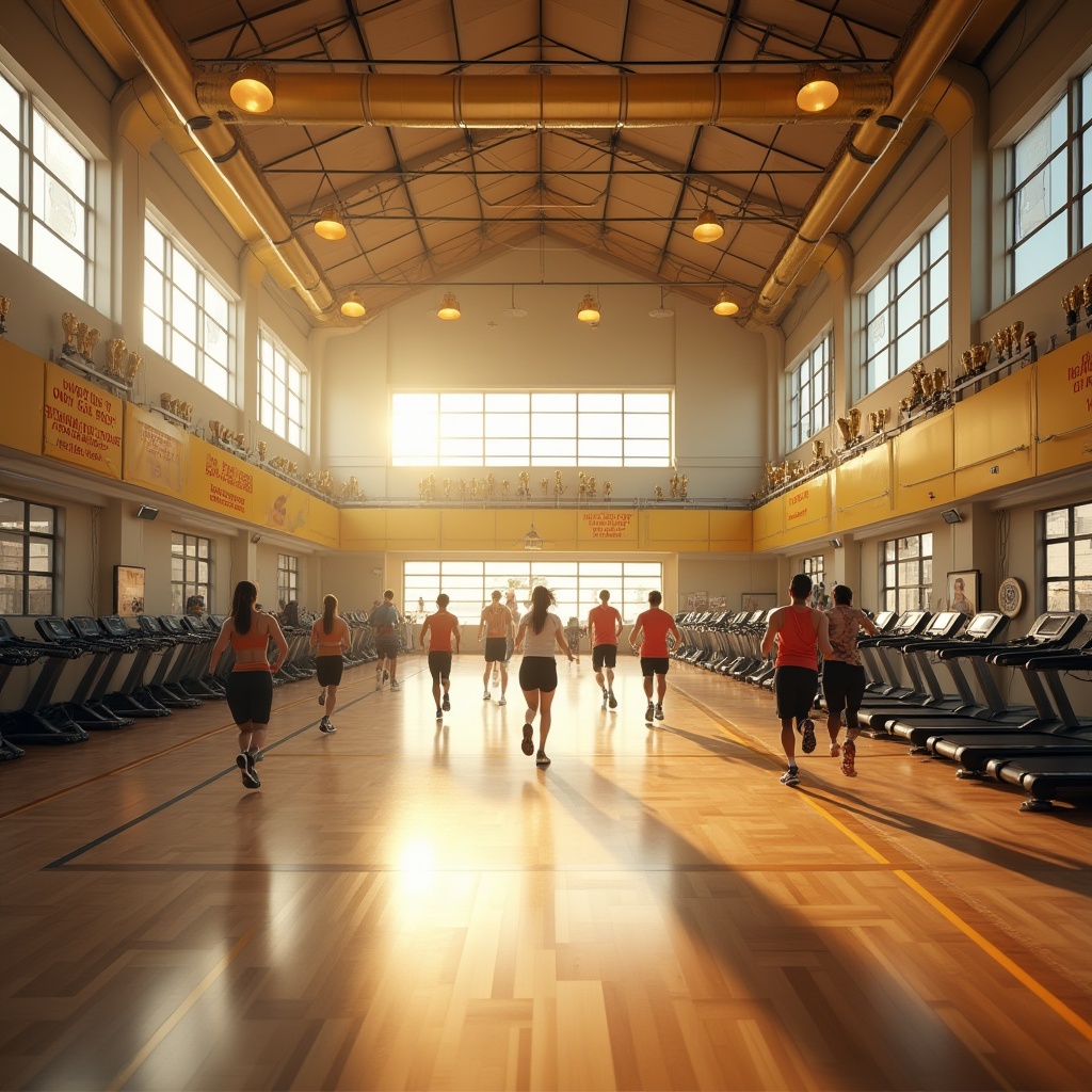 Prompt: Golden accented gymnasium, bright sunny day, high ceilings, large windows, shiny wooden floors, rows of exercise machines, free weights, treadmills, and stationary bicycles, motivational quotes on walls, golden trophies on shelves, athletic wear-clad people exercising in various postures, stretching, running, lifting weights, playing basketball, volleyball, etc., golden lines on the floor guiding to different areas, softbox lighting, warm color temperature, 3/4 composition, depth of field, realistic, ambient light, cinematic composition.