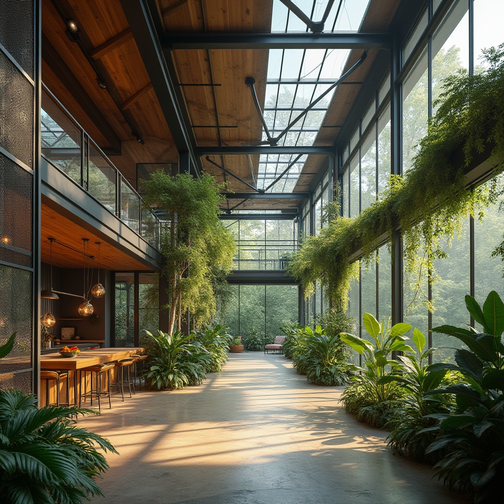 Prompt: Sustainable design, modern architecture, eco-friendly building, steel-framed structure, greenery surroundings, urban jungle, cityscape, industrial chic, reclaimed wood accents, metal mesh panels, transparent glass walls, open floor plan, minimalist decor, natural light pouring in, airy atmosphere, 3/4 composition, low-angle shot, warm and soft ambient lighting.