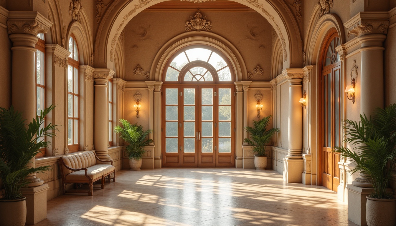 Prompt: Romanesque rehabilitation center, incorporating sandstone, majestic grand entrance, ornate columns, stone carvings, warm beige walls, wooden doors, large windows, soft natural light, comfortable interior, luxurious furniture, plants, peaceful atmosphere, serene background, 3/4 composition, shallow depth of field, warm lighting, cinematic ambiance.