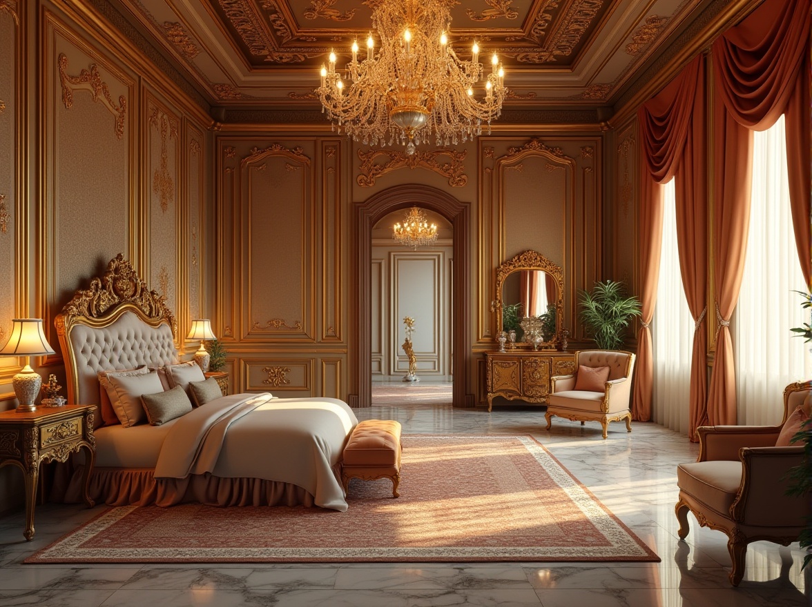 Prompt: Luxurious, golden decorations, ornate patterns, rich fabrics, velvet curtains, golden frame mirror, marble floor, grand chandelier, lavish furniture, luxurious bedroom, warm lighting, soft focus, shallow depth of field, 3/4 composition, cinematic angle, elegant atmosphere, aristocratic, European-style palace interior.