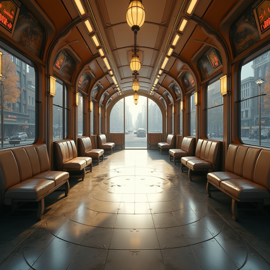 Prompt: Streamlined tram station, Art Deco influences, curved lines, geometric patterns, metallic materials, chrome accents, sleek benches, minimalist advertisements, elegant chandeliers, grand staircases, symmetrical composition, low-angle shot, warm lighting, afternoon ambiance, urban cityscape, modern skyscrapers, busy streets, subtle steam effects.