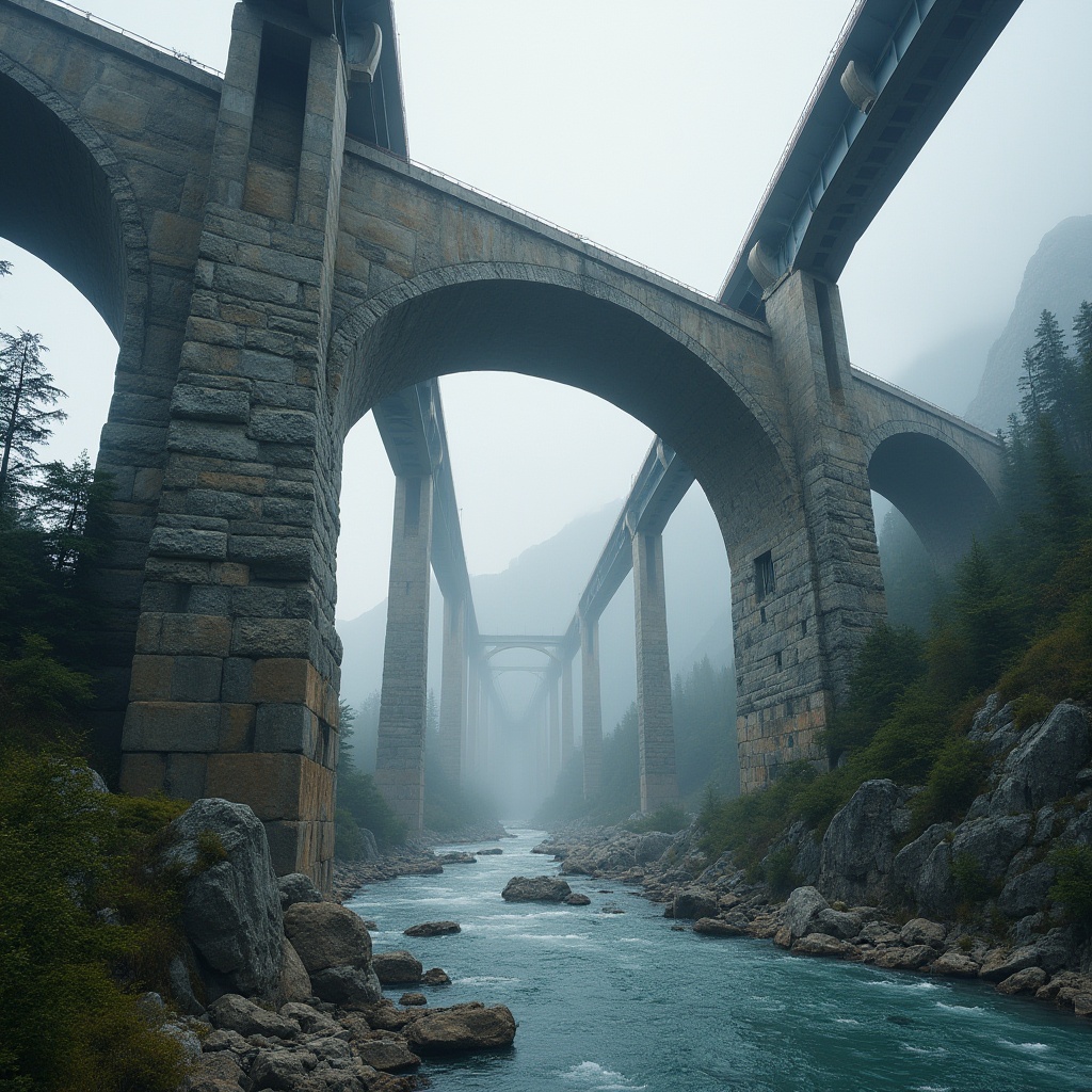 Prompt: Granite, bridge construction, massive pillars, strong arches, rough rocky texture, greyish-brown color, river flowing beneath, steel beams, reinforced concrete, intricate stonework, majestic architecture, grandeur scale, dramatic lighting, low-angle shot, misty atmosphere, serene natural surroundings, lush greenery, distant mountains.