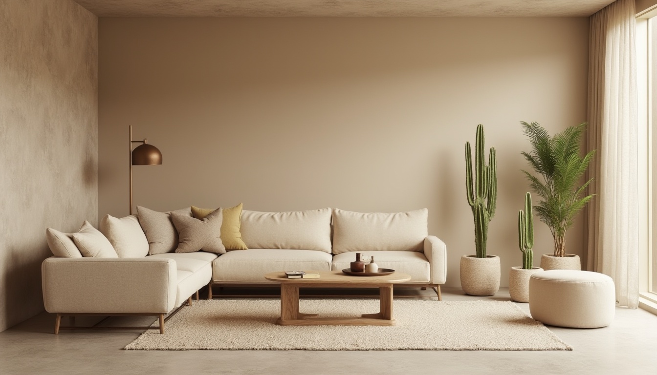 Prompt: Minimalist interior, sandy beige walls, natural textures, sand-casted concrete floor, modern sleek lines, Scandinavian-inspired furniture, low-profile sofa, tufted upholstery, wooden coffee table, potted cactus plants, industrial metal lamp, warm ambient lighting, 3/4 composition, shallow depth of field, soft focus, filmic grain, neutral color palette.