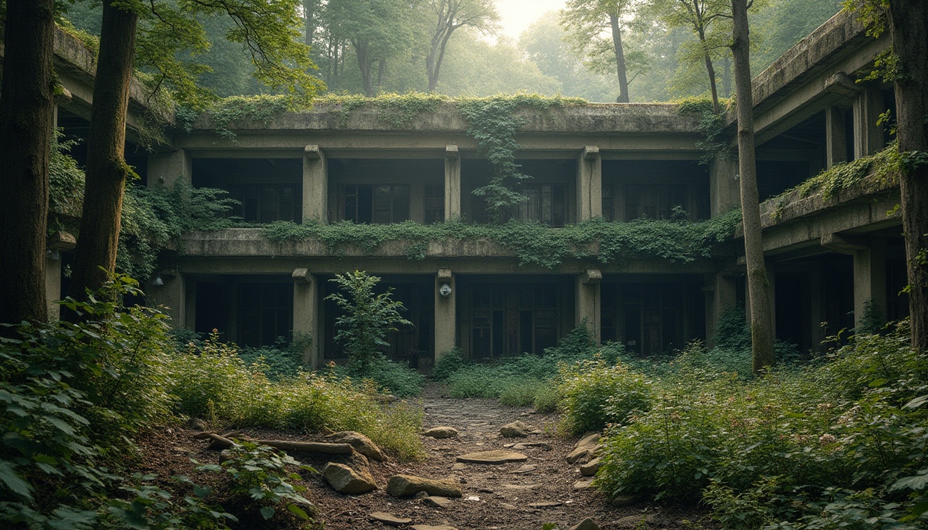 Prompt: Brutalist architecture, concrete fortress, overgrown with vines, ivy crawling up walls, moss-covered stone foundation, surrounded by dense forest, towering trees, exposed tree roots, wildflowers blooming in cracks, rusted metal beams, shattered glass, broken concrete slabs, abandoned industrial equipment, nature reclaiming urban decay, warm sunlight filtering through canopy, misty atmosphere, cinematic composition, 3/4 view, high contrast lighting.