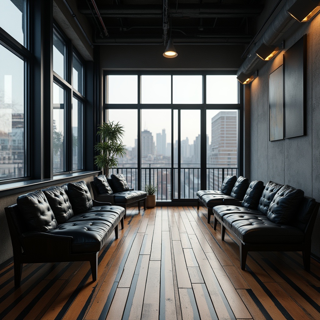 Prompt: Modern student hall, incorporating black color accents, sleek metal framework, large windows with black frames, minimalist chic interior design, wooden floors with black stripes, black leather sofas, industrial-style lighting fixtures, urban cityscape view, 3/4 composition, close-up on black accent details, soft natural light, cinematic atmosphere.