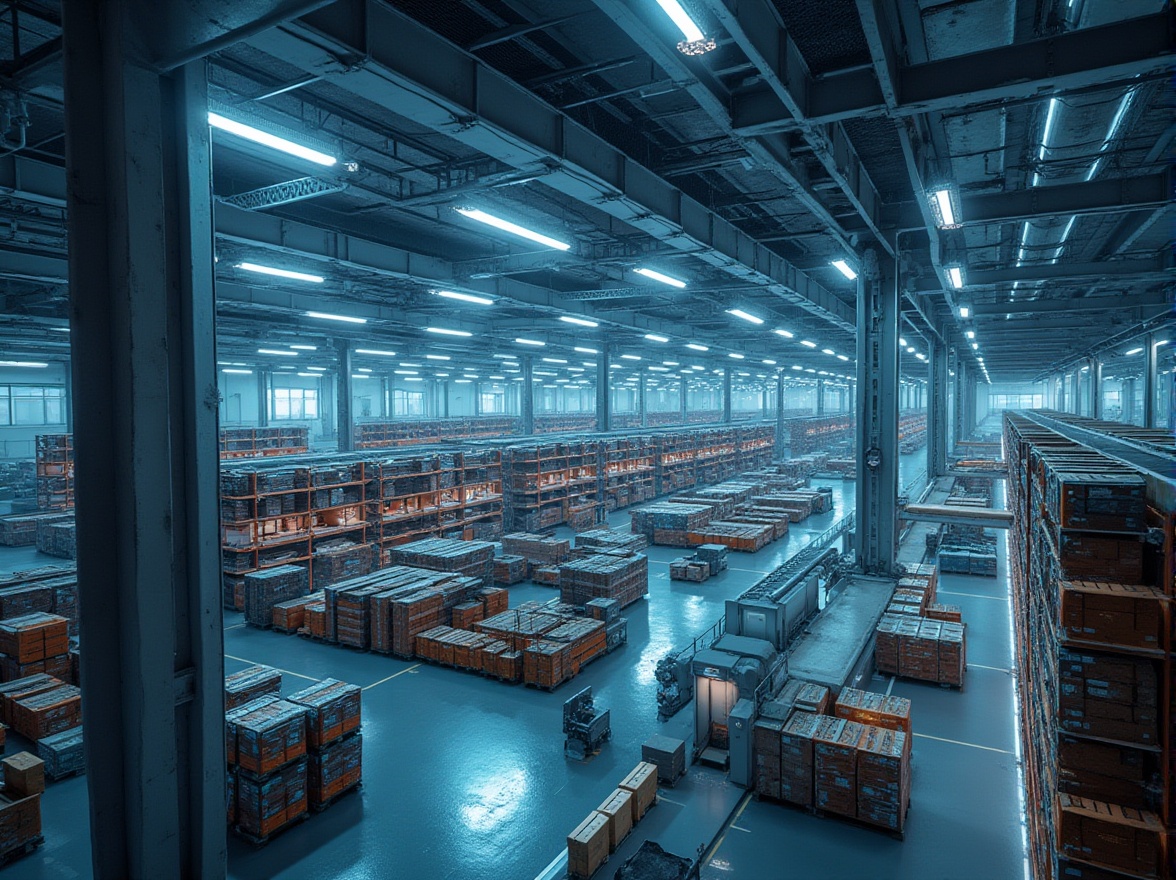 Prompt: Modern distribution center, futuristic architecture, sleek lines, metallic materials, neon lights, towering shelves, automated robots, conveyor belts, efficient logistics, minimalist interior, industrial chic, urban setting, cityscape, night scene, dramatic lighting, 3/4 composition, high-angle shot.