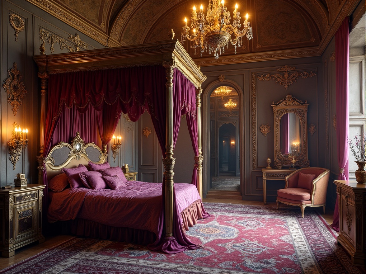 Prompt: Byzantine-inspired dorm room, ornate golden details, intricate mosaics on walls, richly patterned rugs, majestic four-poster bed with velvet drapes, luxurious satin bedding, antique furniture with carvings, lavish chandelier, warm softbox lighting, atmospheric shadows, mysterious ambiance, ancient Greek motifs, marble accents, regal purple and gold color scheme, ornate mirrors, heavy curtains with tassels, imposing stone walls, grandiose vaulted ceiling.