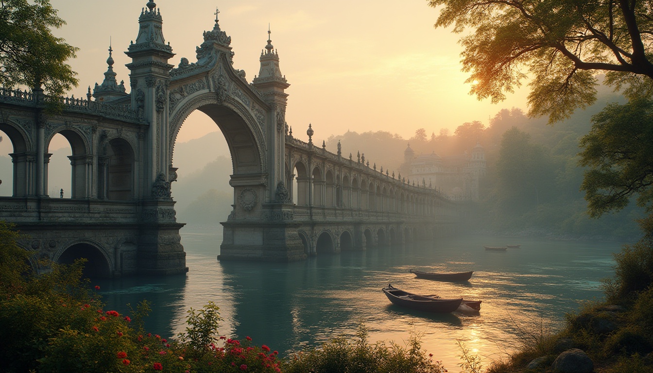 Prompt: Baroque style bridge, grandiose, ornate decorations, intricate stone carvings, majestic arches, imposing pillars, lavish lighting, misty morning, golden hour, serene river, lush greenery, vibrant flowers, gentle water flow, soft ripples, rustic wooden boats, distant rolling hills, cinematic composition, low-angle shot, warm and soft ambient lighting.