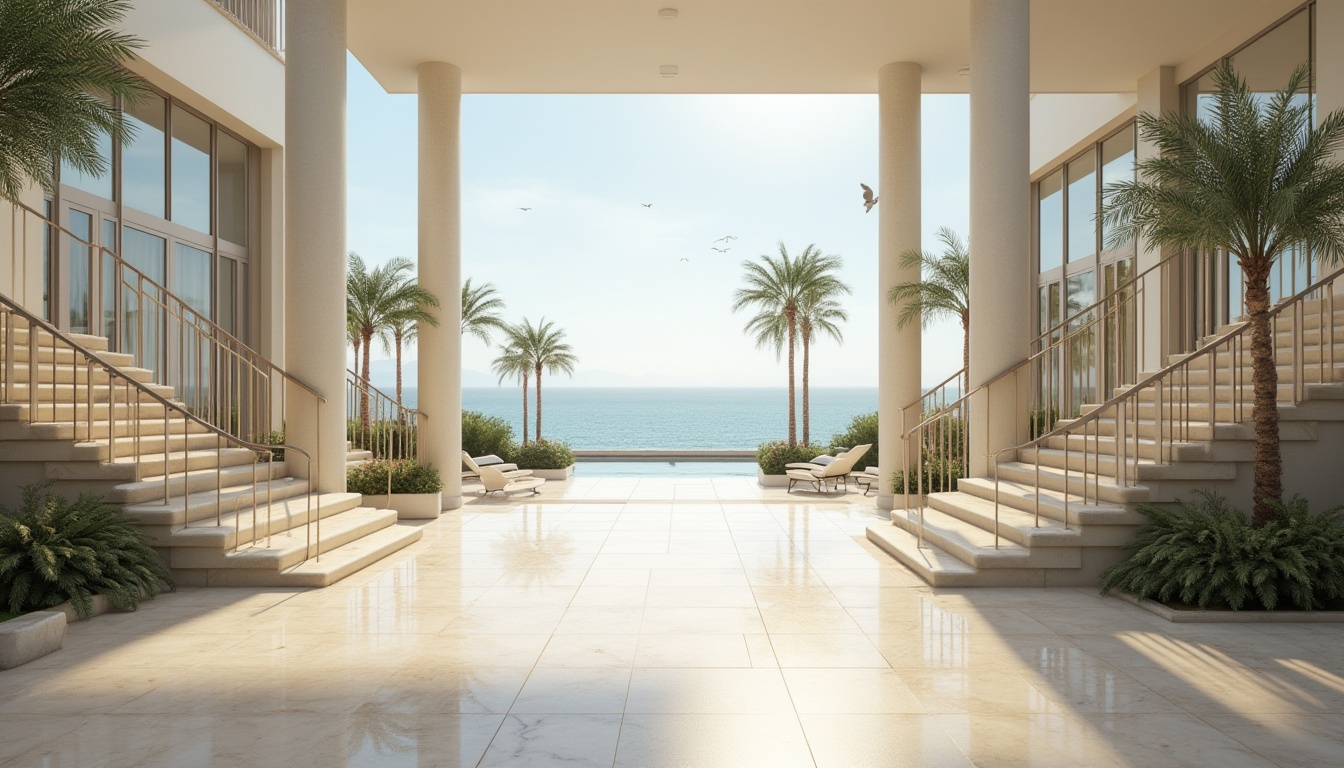 Prompt: Marble flooring, coastal campus, modern architecture, seaside buildings, ocean views, Mediterranean style, white columns, stairs with metal railings, lush greenery, tropical plants, palm trees, calm atmosphere, natural light pouring through large windows, minimalist decor, sleek lines, geometric shapes, polished marble surfaces reflecting sunlight, subtle wave patterns, soft beige tones, gentle sea breeze, distant seagulls crying, warm sunny day, low-angle shot, cinematic composition.