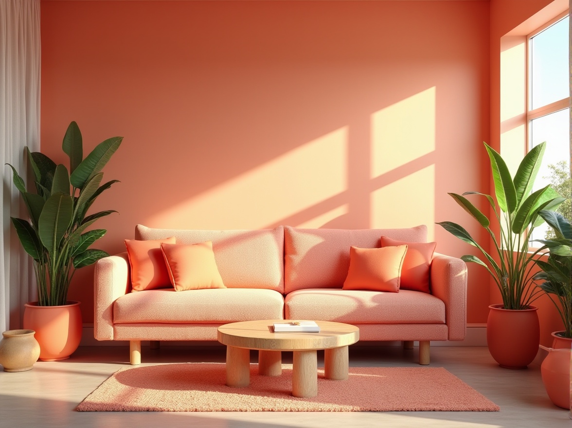 Prompt: welcoming atmosphere, coral color scheme, vibrant orange-beige hue, warm soft lighting, cozy interior design, modern minimalist decor, comfortable plush sofa, coral-colored throw pillows, matching ottoman, natural wood coffee table, potted green plants, large windows, bright sunlight, gentle breeze, airy feel, beach house, vacation mode, relaxed ambiance, 3/4 composition, cinematic angle.