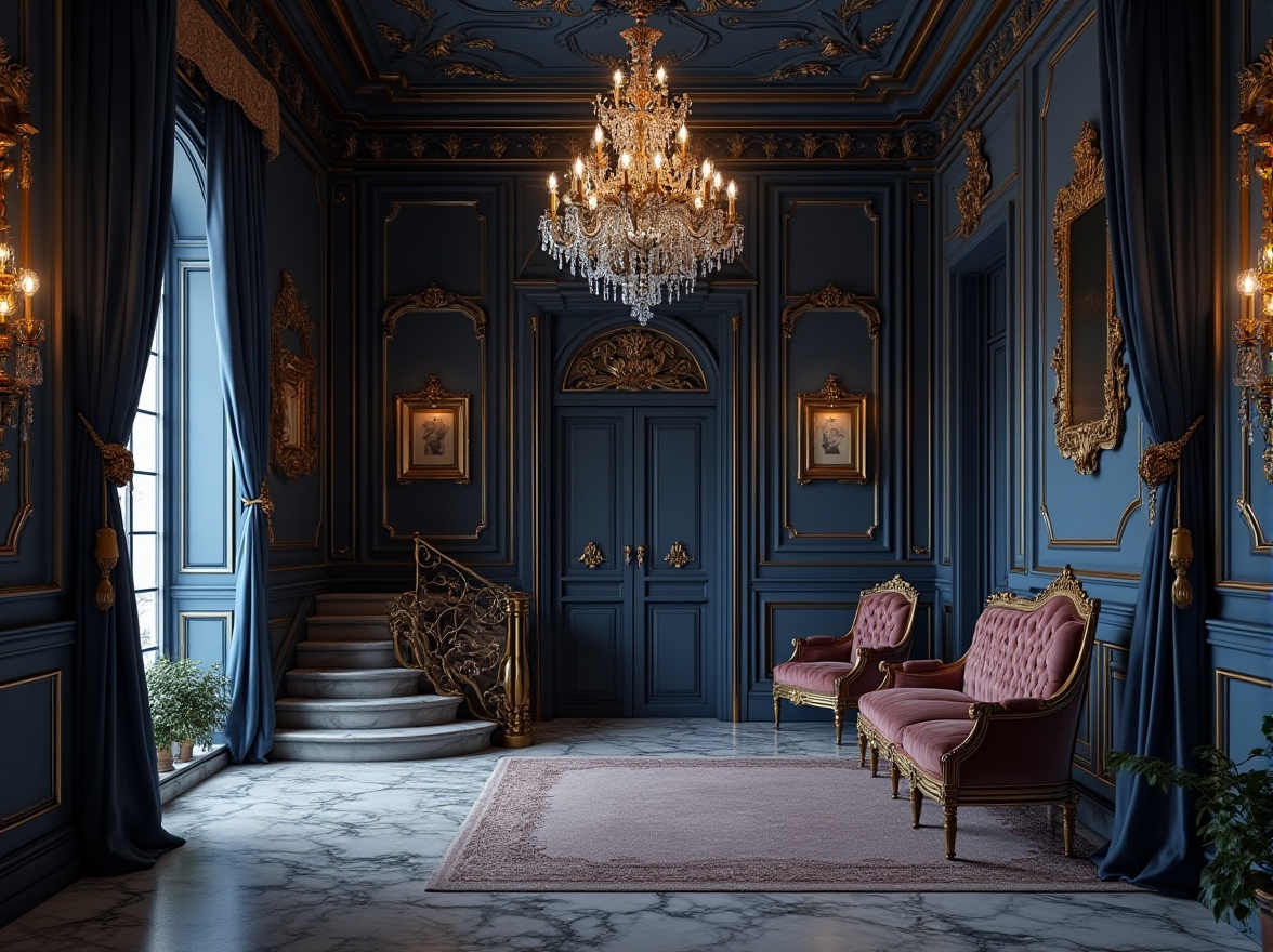 Prompt: Navy blue walls, luxurious Baroque style interior, ornate golden frames, crystal chandelier, intricately carved wooden furniture, velvet upholstery, majestic curtain draping, marble floors, grand staircase, opulent decorative accents, warm candlelight, richly textured fabrics, regal atmosphere, dramatic shadows, 3/4 composition, low-key lighting.