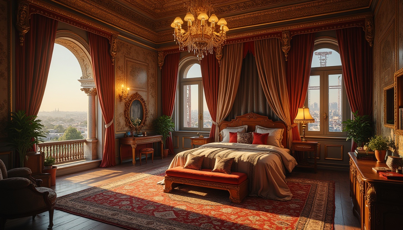 Prompt: Byzantine style dorm, luxurious interior, ornate golden accents, intricately patterned rug, vaulted ceilings, grandiose chandeliers, regal wooden furniture, plush velvet bedding, majestic curtains with tassel details, studious atmosphere, warm soft lighting, intimate reading nook, comfortable sitting area, elegant desk with ornate legs, lavish decorations, intricate mosaics, arches, columns, subtle aromas of old books and coffee, panoramic view of the cityscape at dusk.