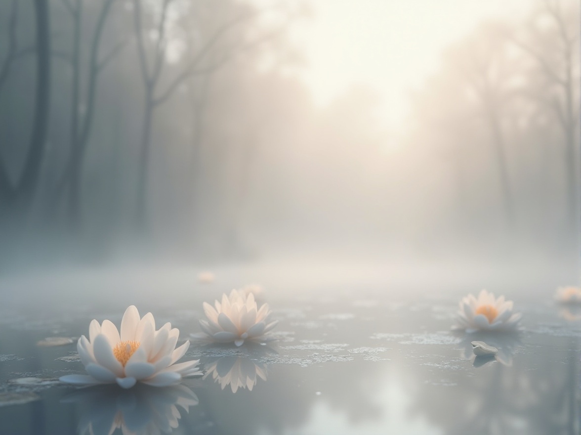 Prompt: Soothing ambiance, light gray color scheme, calming influence, serene atmosphere, peaceful background, misty morning, gentle fog, soft focus, minimalist composition, subtle texture, matte finish, elegant simplicity, abstract design elements, delicate petals, pale flowers, quiet forest, still water, reflection, shallow depth of field, warm softbox lighting.