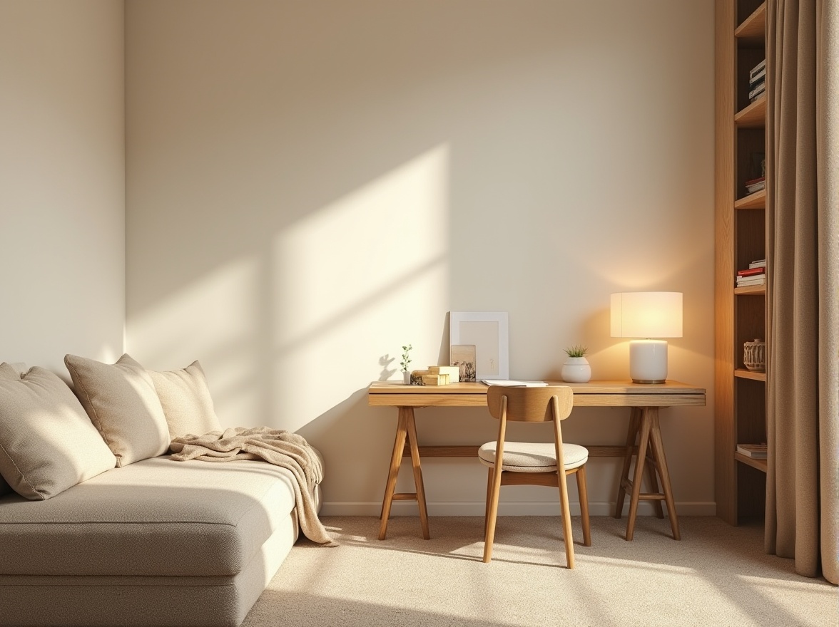 Prompt: Soft beige dorm room, calm atmosphere, gentle natural light, creamy white walls, dark wood furniture, warm beige carpet, plush pillows, minimalist decor, serene ambiance, subtle texture, softbox lighting, 3/4 composition, relaxed vibe, cozy corner, study desk with lamp, bookshelf, comfortable reading nook.