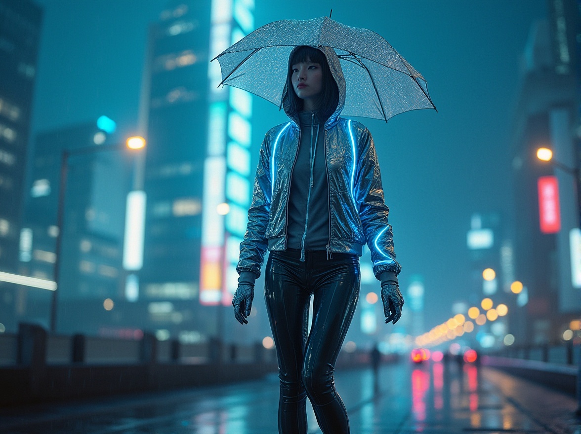 Prompt: High-tech futuristic lady, standing, 3/4 view, metallic fabric, silver jacket, neon blue accents, black leggings, metallic boots, LED lights embedded, glowing threads, translucent umbrella, cityscape background, skyscraper, Tokyo, night scene, rainy, misty atmosphere, cinematic lighting, fish eye lens.