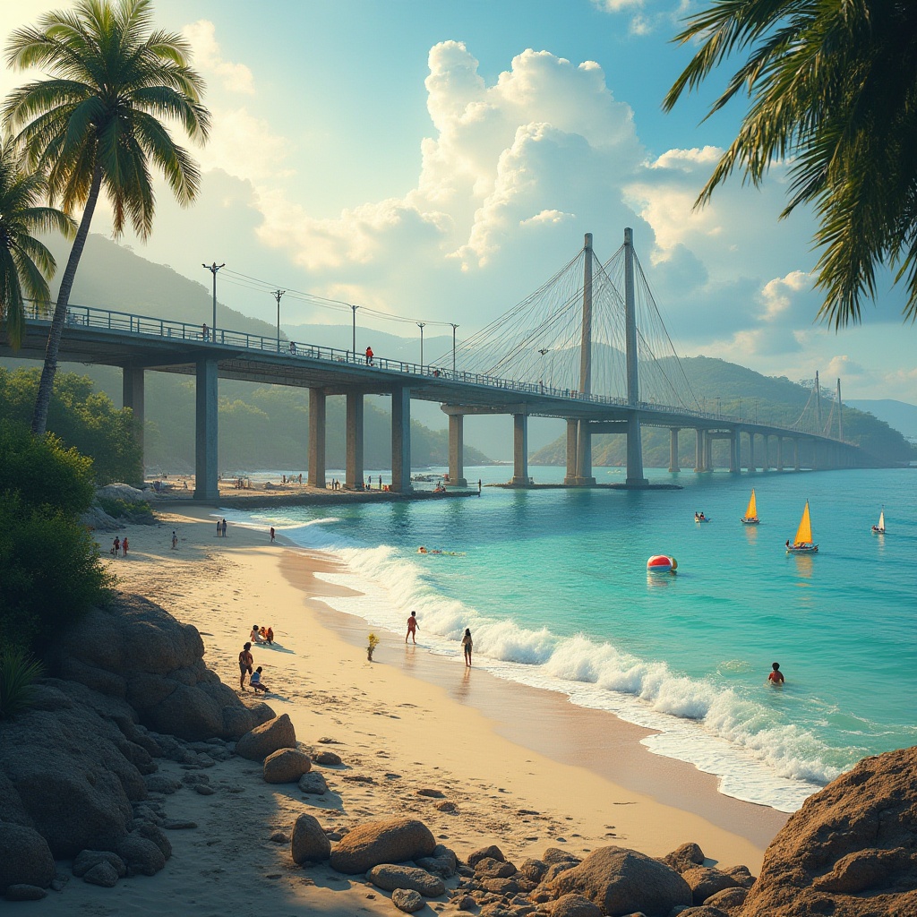 Prompt: Seaside scenery, integrating bridges, wooden bridge, steel bridge, suspension bridge, beachside promenade, sandy beach, crystal clear turquoise water, palm trees, seashells, driftwood, rocky coastline, misty morning, warm sunlight, gentle waves, sailboats in distance, beach volleyball players in action, lifeguard tower, colorful beach umbrellas, wooden pier, fishing nets, sunset glow, dramatic clouds, 3/4 composition, soft focus, cinematic atmosphere.