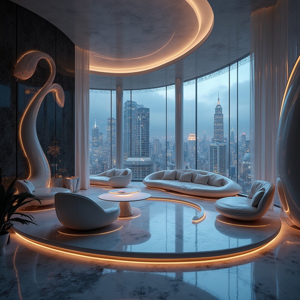 Prompt: Modern design, futuristic interior, plasticrete material, sleek lines, metallic accents, glossy finish, curved shapes, abstract patterns, neon lights, urban atmosphere, cityscape background, skyscraper view, luxurious furniture, avant-garde decor, minimalistic composition, dramatic shadows, high-contrast lighting.