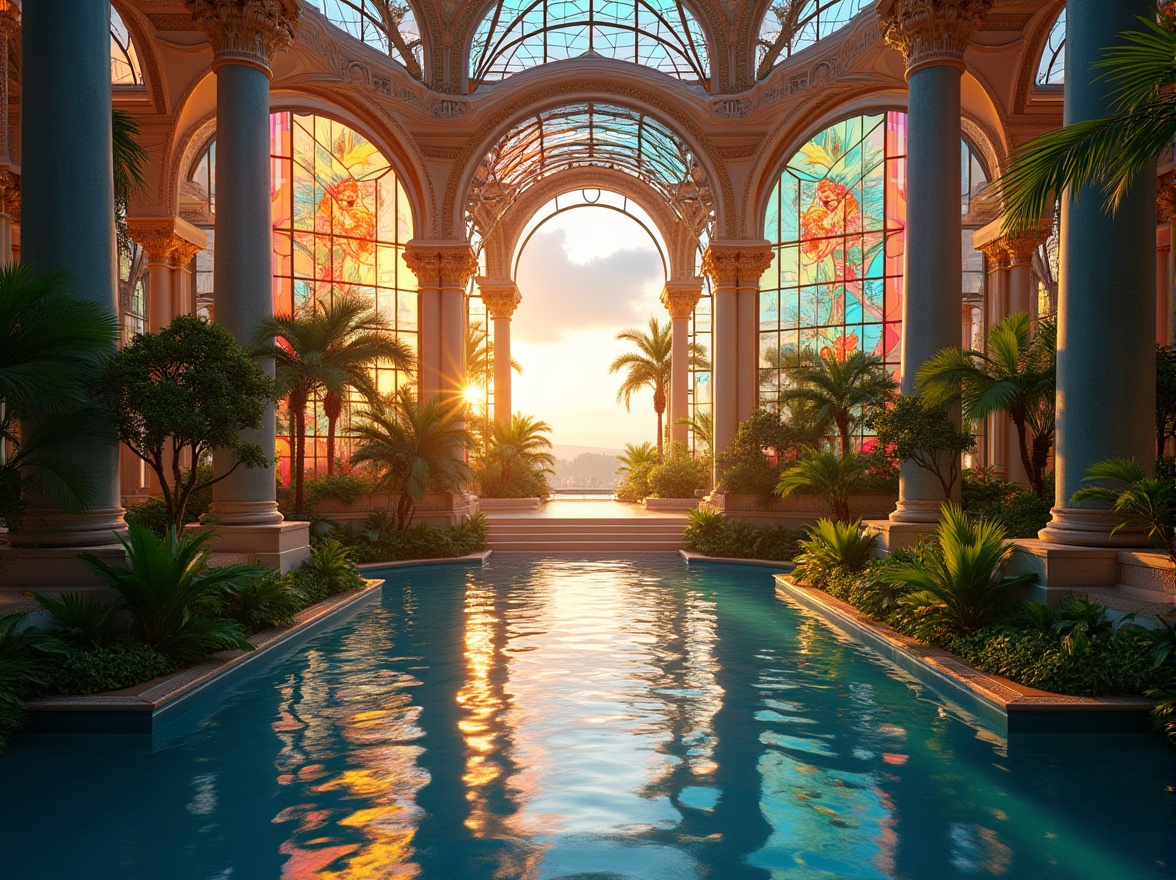 Prompt: Colored glass, pavilion design, luxurious architecture, ornate details, intricate patterns, vibrant colors, refracted light, stunning visual effects, daytime, sunlight streaming through, warm ambient lighting, soft shadows, beautiful reflections, symmetrical composition, central axis, grand entrance, majestic columns, lush greenery surroundings, tropical plants, serene water features, gentle ripples, peaceful atmosphere, 3/4 composition, cinematic angle.