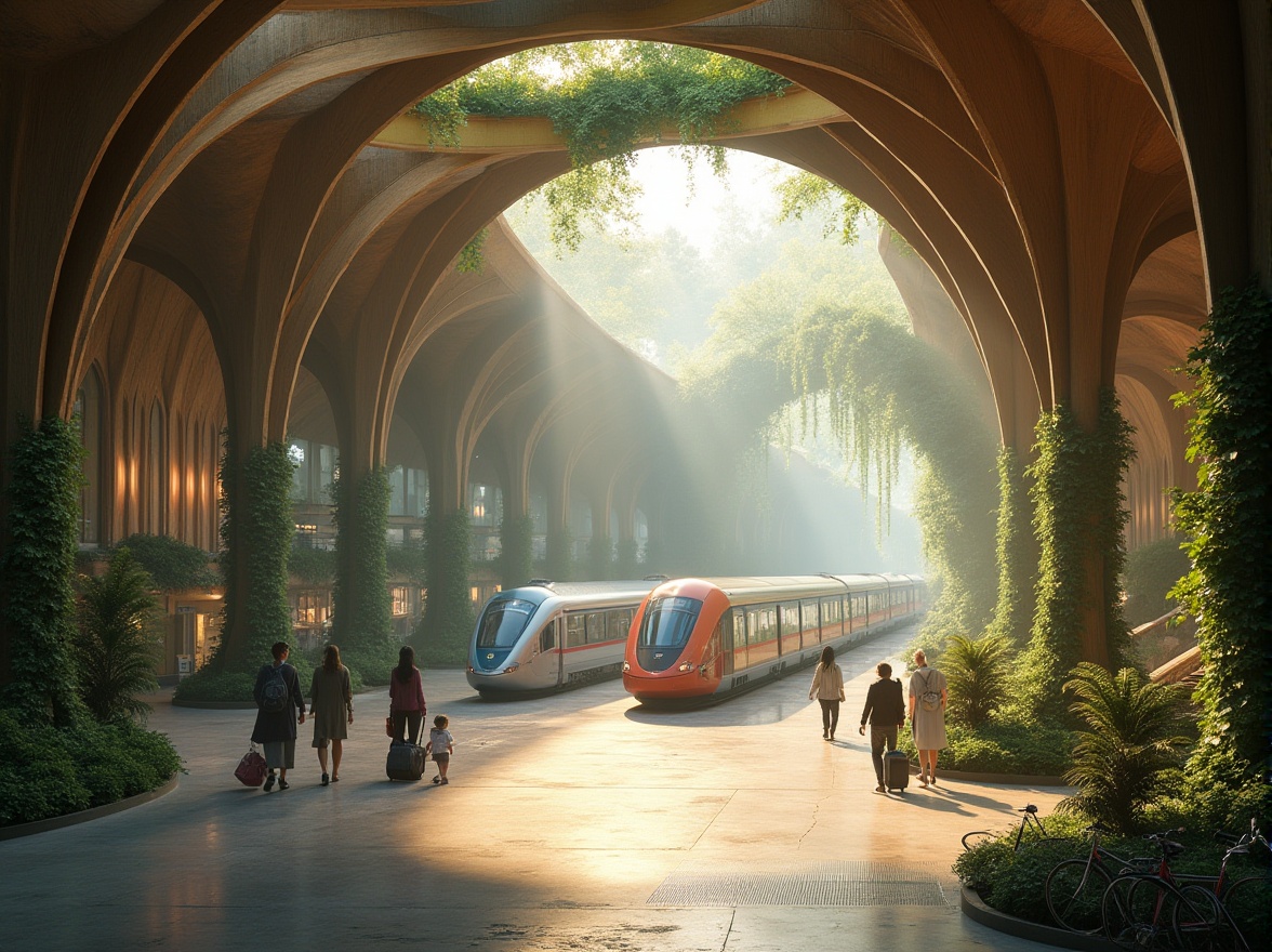 Prompt: Organic architecture, futuristic transportation hub, grand entrance, curved lines, natural materials, wood accents, green walls, vines crawling up pillars, soft warm lighting, morning sunbeams, people walking with luggage, escalators, modern trains, sleek cars, bicycles parked nearby, urban forest surroundings, misty atmosphere, cinematic composition, 3/4 view, shallow depth of field.