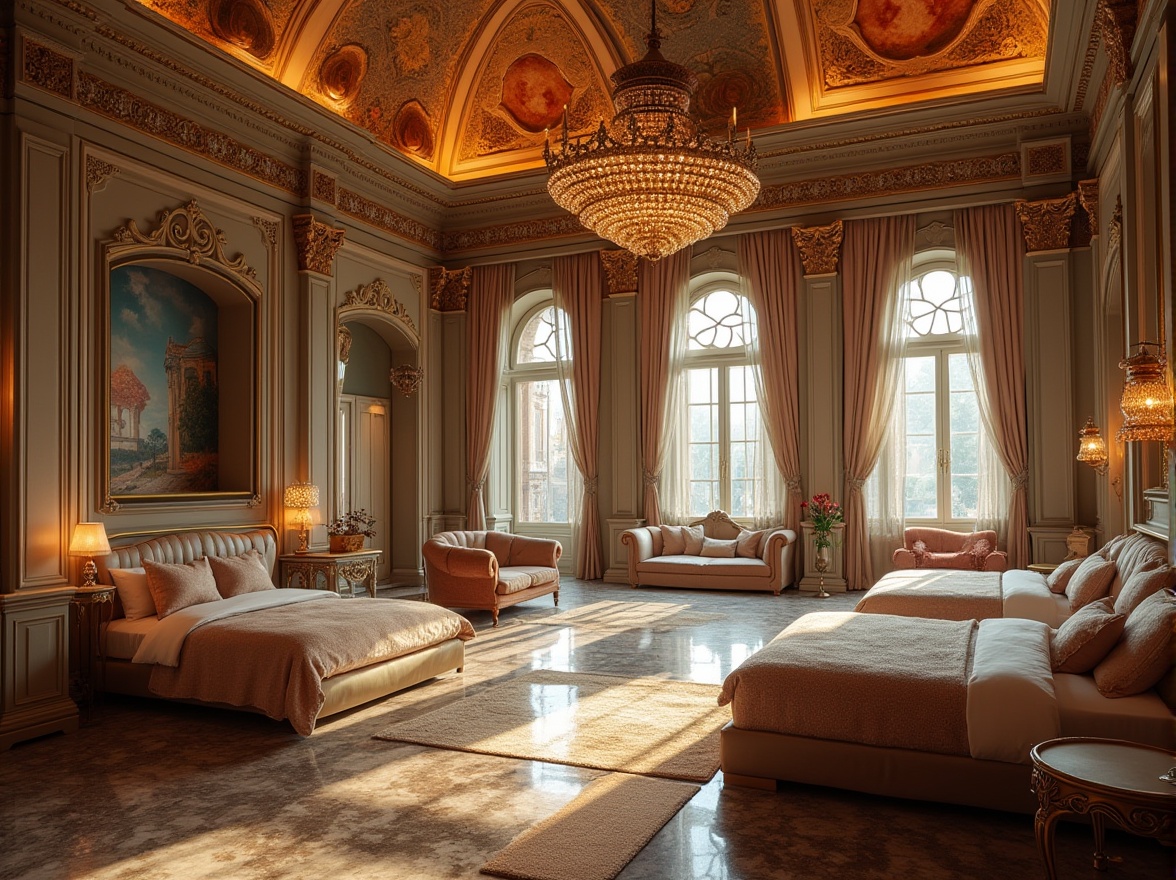 Prompt: Modern dormitory, Byzantine style, luxurious atmosphere, intricate mosaics, golden accents, ornate chandeliers, grand archways, domed ceilings, lavish furnishings, velvet sofas, marble floors, majestic columns, rich tapestries, ornamental lanterns, grandiose staircases, regal bedrooms, crystal chandeliers, soft warm lighting, 3/4 composition, cinematic atmosphere, HDR, high-end materials, luxurious fabrics, elegant patterns, refined details, sophisticated ambiance.