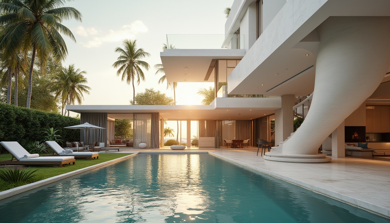 Prompt: Villa, modernism style, luxurious, minimalist, white walls, large windows, sliding glass doors, open-plan living room, high ceiling, marble floors, elegant spiral staircase, lush greenery, outdoor pool, sun loungers, palm trees, tropical plants, warm sunset light, dramatic shadows, 3/4 composition, cinematic atmosphere, ambient Occlusion, soft focus, shallow depth of field.