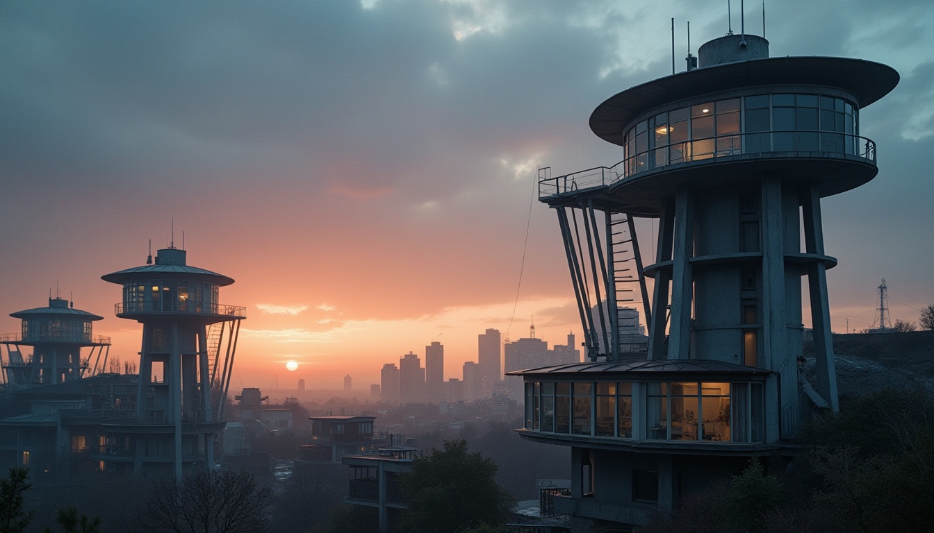 Prompt: Bauhaus style watching towers, modernist architecture, geometric shapes, clean lines, minimal ornamentation, industrial materials, steel beams, concrete walls, large glass windows, functional simplicity, urban landscape, cityscape, metropolitan atmosphere, twilight hour, soft warm lighting, low-angle shot, cinematic composition, 3/4 view, strong contrast between light and shadow, dramatic mood, atmospheric mist, subtle fog effect.