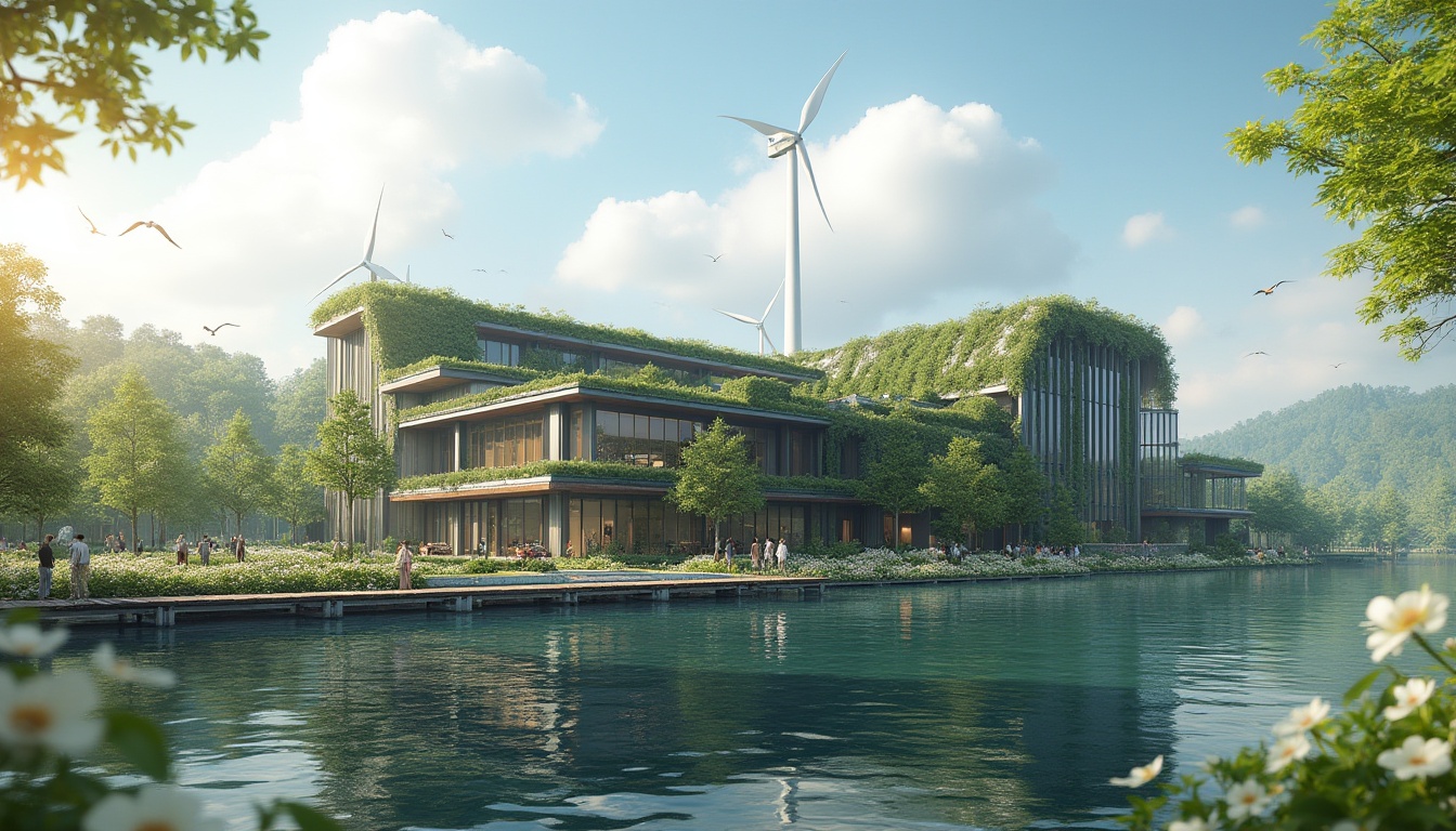 Prompt: Lakefront, factory, green architecture, modern industrial building, steel frame, glass walls, lush green roofs, overhanging eaves, vertical gardens, solar panels, wind turbines, surrounding trees, blooming flowers, serene lake waters, reflection of the building, wooden dock, sailboats, seagulls flying overhead, cloudy sky, warm sunlight, 3/4 composition, natural light, soft focus, realistic rendering.