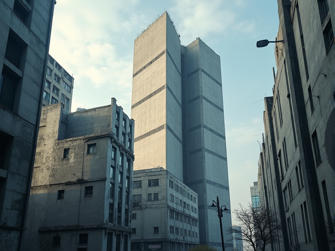 Prompt: Concrete skyscraper, brutalist architecture, urban landscape, rugged texture, geometric structure, fortress-like building, raw concrete walls, steel beams, industrial windows, minimalist aesthetic, cold tone, dramatic lighting, low-angle shot, cinematic composition, metropolitan cityscape, modern city life, busy streets, abstract background, bold lines, geometric shapes.