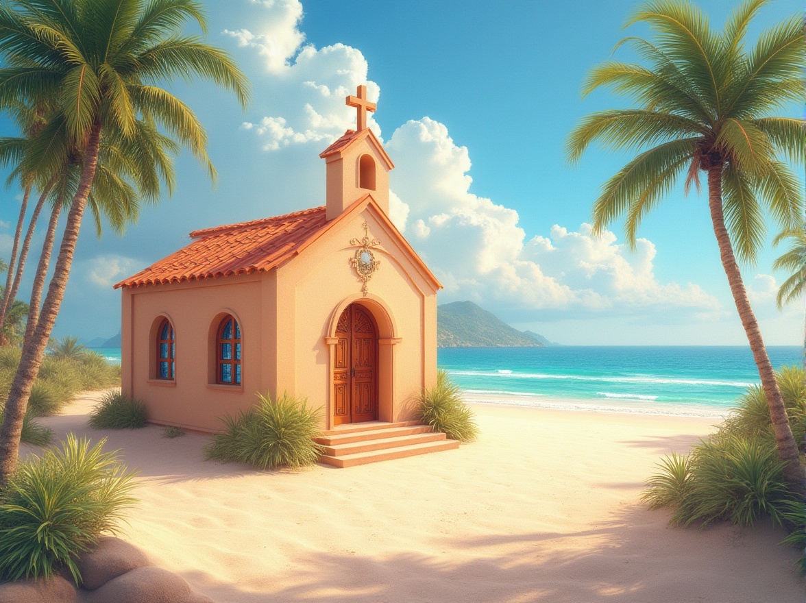 Prompt: Warm apricot color, beach church, coastal landscape, seaside villa, soft sandy dunes, gentle ocean breeze, palm trees swaying, white puffy clouds, blue sky, wooden cross, stained glass windows, ornate door, tranquil atmosphere, serene ambiance, warm lighting, natural texture, Mediterranean style, rustic architecture, panoramic view, 3/4 composition, shallow depth of field.