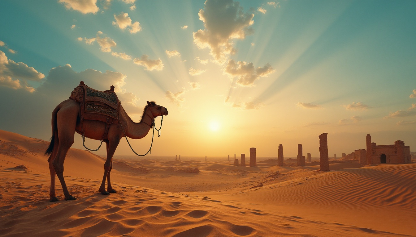 Prompt: Desert environment, sandy dunes, endless blue sky, blistering sun, hot air, mirage effect, old wooden camel, worn leather saddle, Arabic patterns, ancient ruins, stone columns, mysterious artifacts, vast emptiness, dramatic clouds, warm sunset light, golden hour, low-angle shot, cinematic composition, atmospheric perspective.