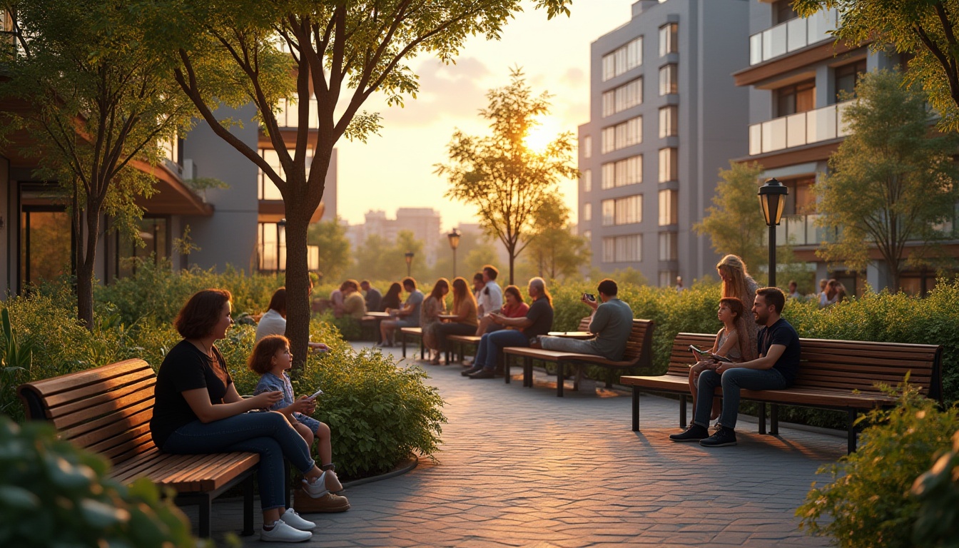 Prompt: Urban community space, modern apartment complex, rooftop garden, vibrant greenery, wooden benches, lantern-style streetlights, people socializing, laughing, chatting, kids playing, mothers watching, fathers reading, warm sunset lighting, gentle breeze, cityscape backdrop, high-rise buildings, urban jungle, 3/4 composition, natural textures, cozy atmosphere.