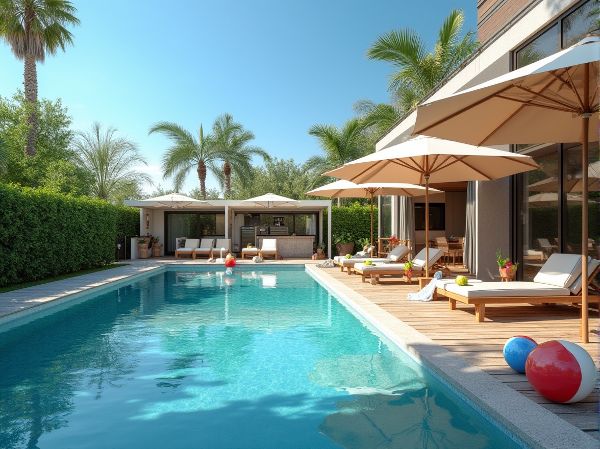 Prompt: Modern backyard, sunny day, clear blue sky, swimming pool, calm water reflection, lounge chairs, umbrella tables, colorful beach balls, tropical plants, palm trees, stone pavement, wooden deck, outdoor kitchen, barbecue grill, refrigerator, dining table, comfortable cushions, refreshing cocktail, ice cream cones, summer vibes, warm lighting, soft focus, 3/4 composition, shallow depth of field.