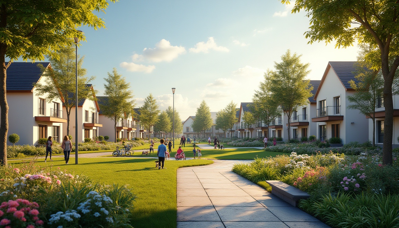 Prompt: Residential area, community design, suburban landscape, modern houses, gardens with flowers, trees lined up along sidewalks, sunny afternoon, warm lighting, people walking dogs, kids playing in park, picnic blankets on grass, bicycles parked near benches, street lamps casting gentle shadows, 3/4 composition, soft focus, vibrant colors, relaxed atmosphere.