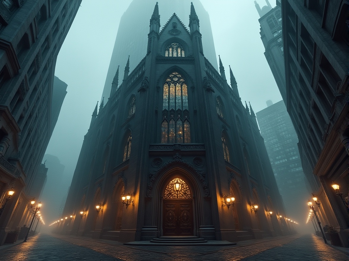 Prompt: Dark Gothic style office building, commercial district, skyscraper, towering spires, grandiose entrance, intricate stone carvings, stained glass windows, heavy metal doors, ornate iron railings, dimly lit corridors, high ceilings, Victorian-era inspired architecture, foggy morning atmosphere, misty alleys, street lamps, busy streets, modern cityscape, urban jungle, cinematic composition, low-key lighting, dramatic shadows.