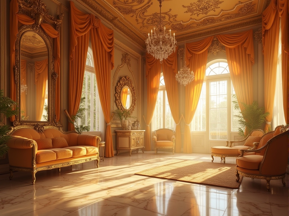 Prompt: Luxurious interior, elegant atmosphere, golden color palette, velvet curtains, intricate patterns, ornate mirrors, crystal chandeliers, marble floors, lavish furniture, soft warm lighting, afternoon sunbeams, gentle shadows, refined details, subtle textures, sophisticated ambiance.