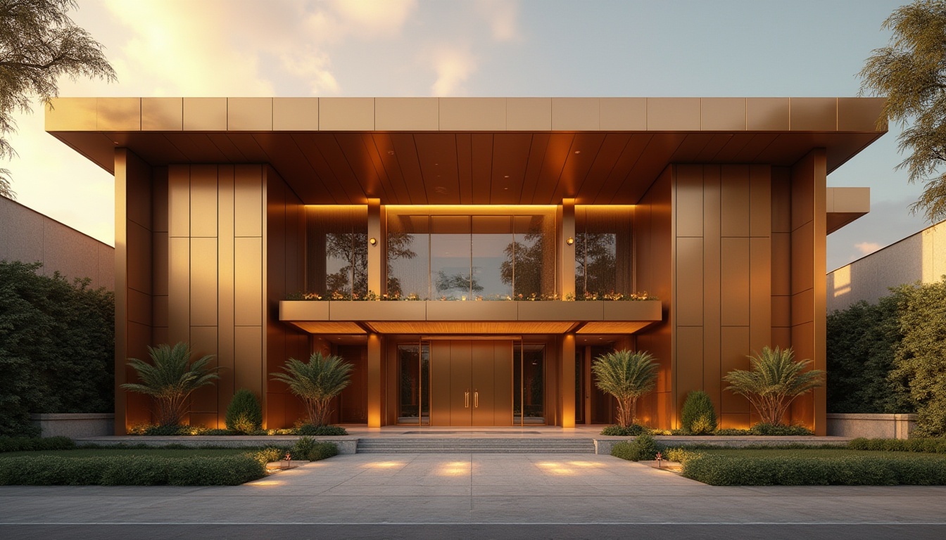 Prompt: Bronze-colored building, modern architecture, luxurious villa, grand entrance, bronze doors, large windows, sleek lines, geometric shapes, metallic texture, reflective surface, warm ambient lighting, afternoon sun, dramatic shadows, 3/4 composition, low-angle shot, panoramic view, urban landscape, cityscape, metropolitan atmosphere.