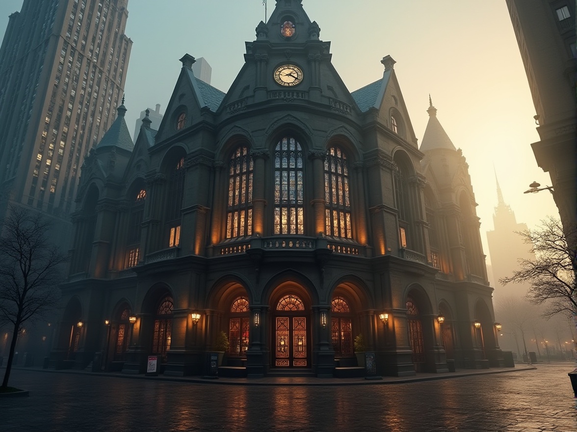 Prompt: Gothic-inspired office building, grand entrance with pointed arches, intricate stone carvings, stunning stained glass windows, ornate ironwork, dark-toned granite walls, majestic clock tower, misty morning atmosphere, soft golden lighting, foggy cityscape, distant skyscrapers, dramatic low-angle shot, symmetrical composition, warm ambient light, cinematic mood.