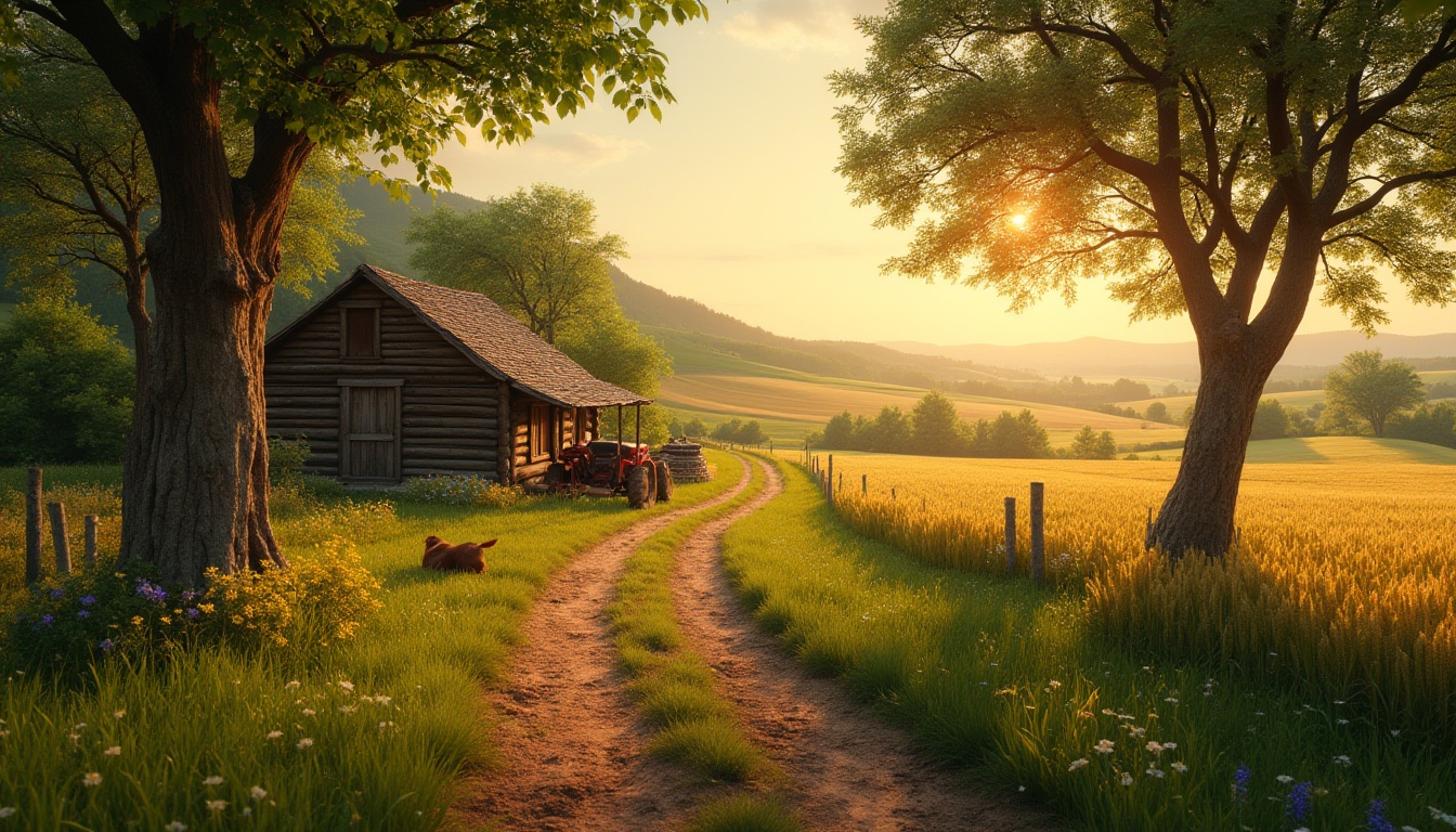 Prompt: Rural farmland setting, sunset time, golden light casting long shadows, rolling hills with lush green grass, wheat fields swaying gently in the breeze, a few scattered wildflowers of yellow and blue, a winding dirt path leading to a rustic wooden farmhouse, surrounded by tall trees providing shade, a old tractor parked beside the house, a water well with a thatched roof, a few chickens pecking at the ground, a lazy dog lying in the sun, warm and soft ambient lighting, 3/4 composition, cinematic depth of field.