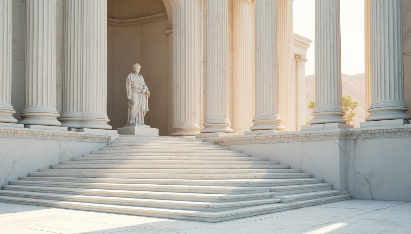 Prompt: Ancient Greek monument, elegant marble structure, white Carrara marble, intricate carvings, ornate columns, grandiose entrance, stairs leading to pedestal, majestic statue, subtle cracks, worn edges, soft natural light, warm afternoon sun, gentle shadows, 3/4 composition, symmetrical framing, historical landmark, classical architecture, serene atmosphere.