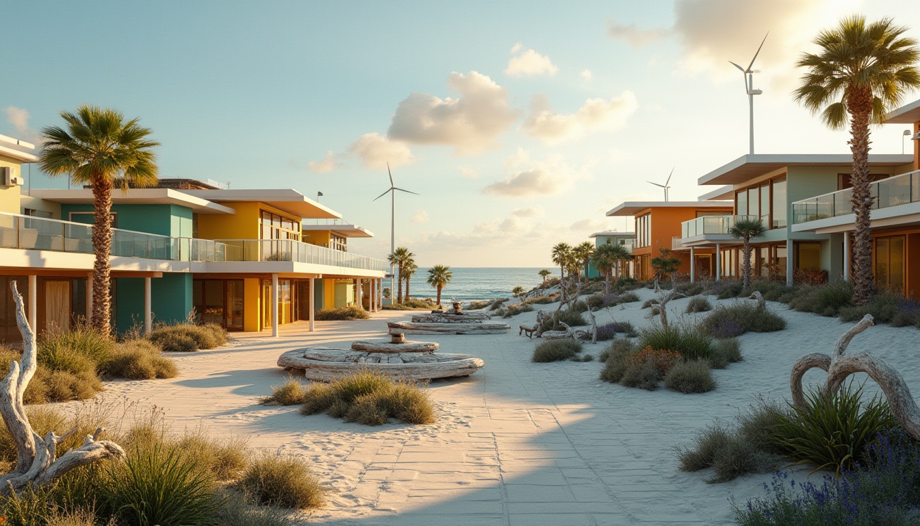 Prompt: Coastal campus, constructivism style, modern architecture, geometric shapes, bold lines, vibrant colors, open spaces, minimalist decorations, green roofs, solar panels, wind turbines, curved walkways, ocean views, sandy dunes, tropical plants, beachside pathways, driftwood sculptures, nautical ropes, weathered wooden benches, panoramic views, low-angle shots, golden hour lighting, ambient atmosphere, 3/4 composition.