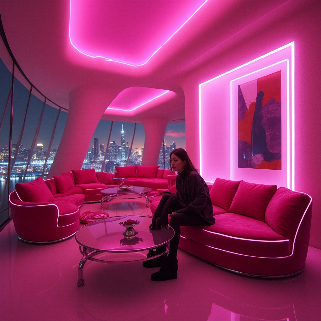 Prompt: Futuristic interior design, vibrant fuchsia color scheme, modern minimalist furniture, sleek metallic legs, glossy surfaces, geometric shapes, ambient neon lighting, abstract art pieces, bold statement walls, avant-garde decor, luxurious velvet sofas, futuristic coffee tables, dramatic drapes, cityscape views, urban skyscrapers, trendy boutiques, fashion-forward atmosphere, high-fashion models, posing, confident expressions, edgy hairstyles, bold makeup looks, dynamic angles, low-key lighting, cinematic composition.