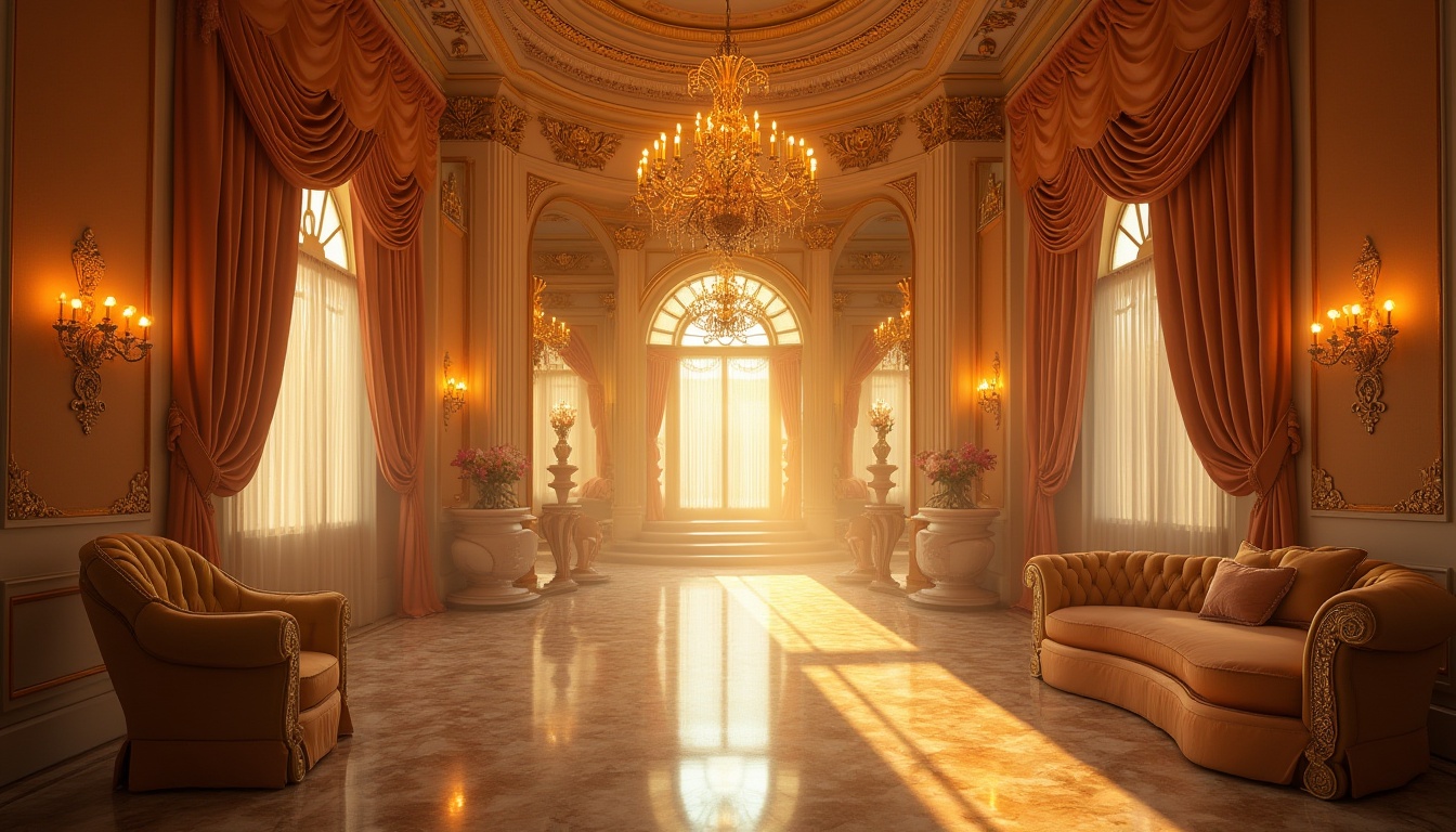 Prompt: Luxurious golden color, warm tone, elegant atmosphere, ornate decorations, intricate patterns, lavish furniture, velvet drapes, marble floors, grand chandeliers, luxurious fabrics, soft lighting, cinematic composition, 3/4 view, shallow depth of field, warm glow, sunlit, afternoon ambiance.