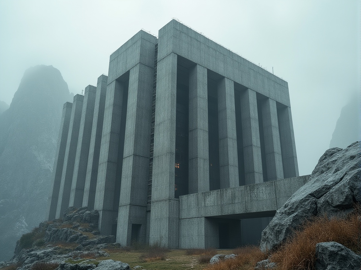 Prompt: Brutalist building, granite material, rough texture, monolithic structure, monumental scale, geometric shapes, fortress-like façade, urban cityscape, overcast sky, dramatic lighting, low-angle shot, cinematic composition, detailed architectural lines, concrete and steel accents, rugged natural environment, mountains or cliffs in the background, misty atmosphere, ambient occlusion, high-contrast HDR.