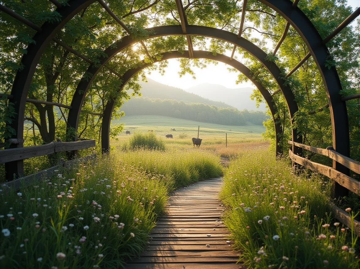 Prompt: Grassland bridge, curved steel arches, wooden planks, rustic railings, gentle slope, low-rise, harmonious with nature, wildflowers blooming underneath, soft sunlight filtering through the metal latticework, subtle shadows cast on the grass, serene atmosphere, peaceful rural landscape, distant rolling hills, few grazing cattle, warm afternoon light, soft focus, shallow depth of field, cinematic composition.