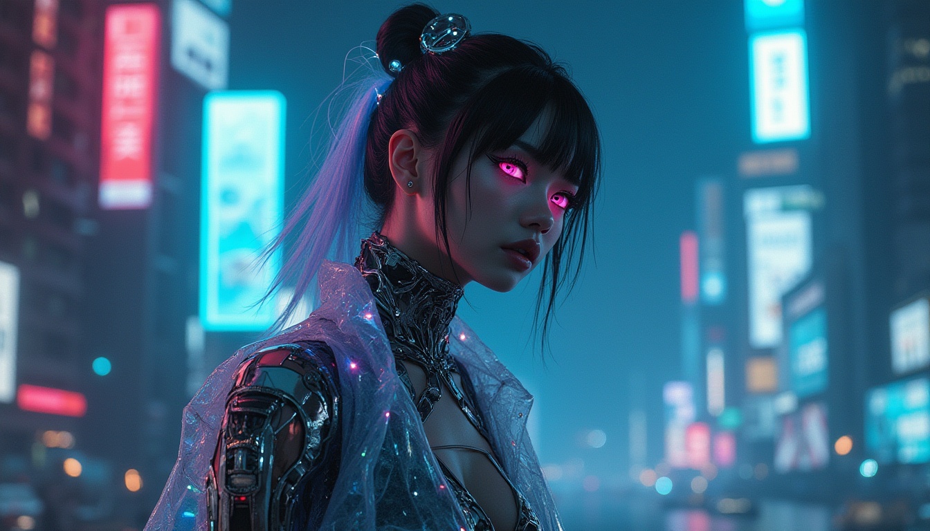 Prompt: High-tech lady, futuristic costume, metallic fabrics, neon lights, transparent PVC jacket, holographic leggings, chrome-plated boots, glowing accents, robotic makeup, bold eyeliner, silver hair clips, intricate circuitry patterns, LED embroidery, cyberpunk background, cityscape at night, skyscrapers, neon billboards, foggy atmosphere, 3/4 composition, high contrast lighting.