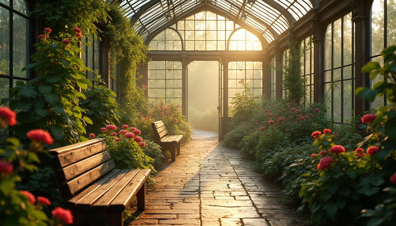 Prompt: Luxuriant greenhouse, regionalism style, warm golden light, misty atmosphere, lush greenery, exotic plants, flowers blooming in vibrant colors, rustic wooden benches, natural stone pathways, elegant iron framework, stained glass roof, soft morning dew, serene ambiance, peaceful retreat, botanical garden, English countryside, spring season, warm sunlight filtering through the glass, shallow depth of field, 3/4 composition, cinematic lighting.